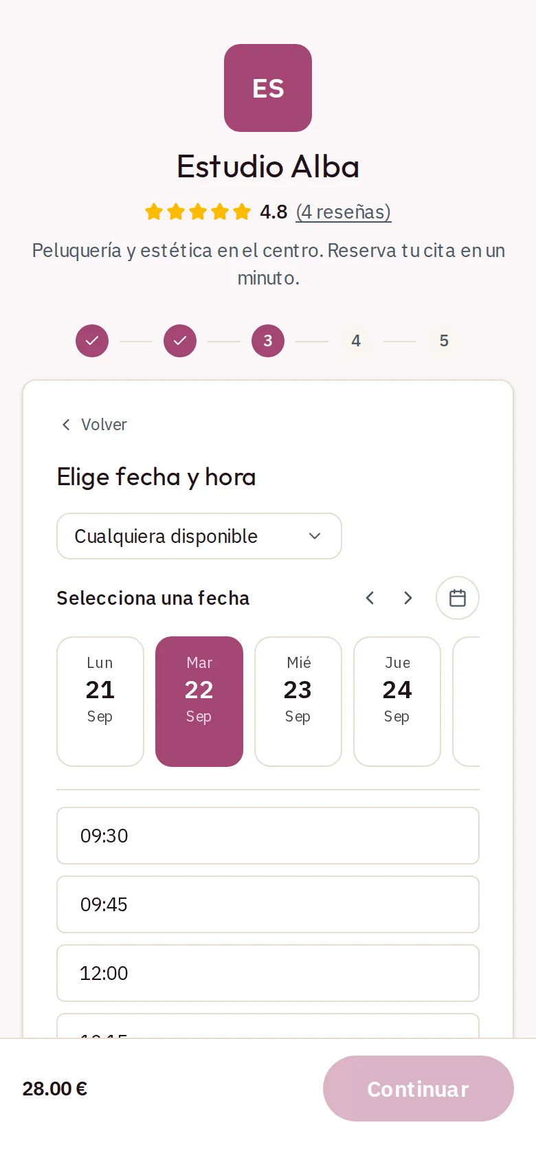 Página de reservas en el móvil: el cliente elige fecha y una hora libre